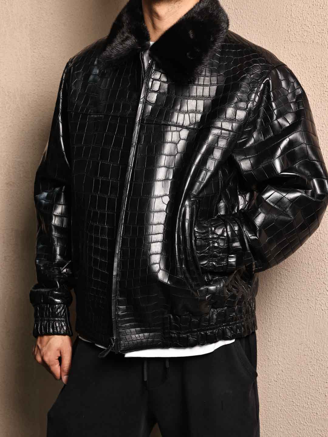 鳄鱼皮毛领夹克