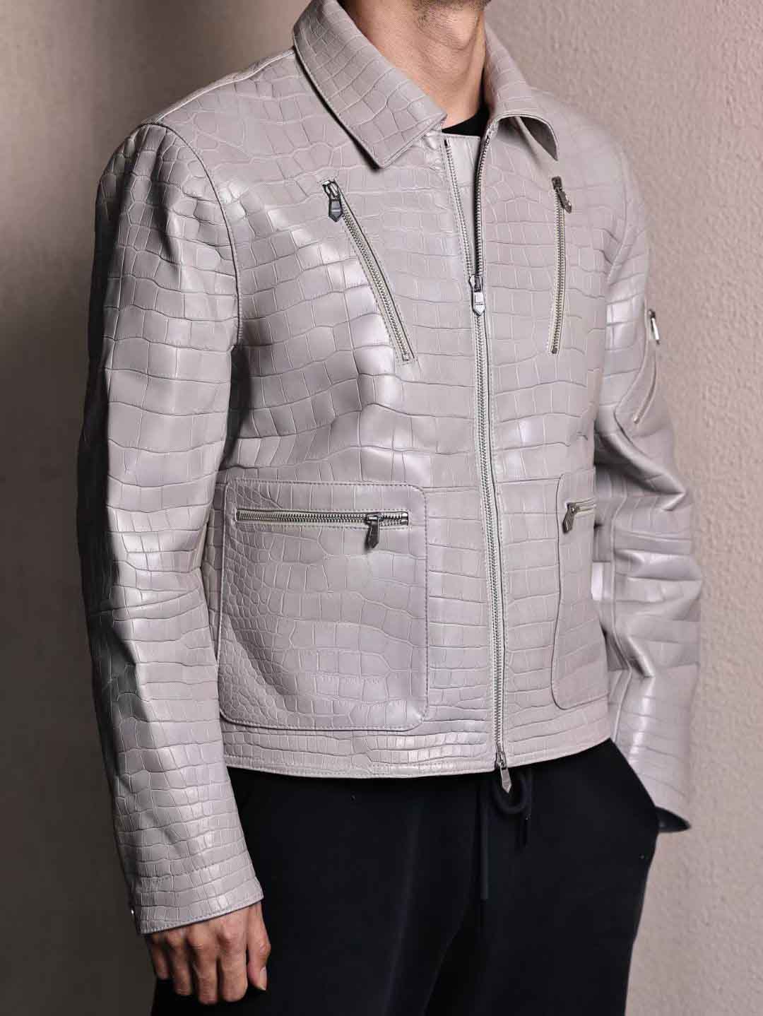 新款H夹克，珍珠灰哑光湾鳄皮衣，客订出货